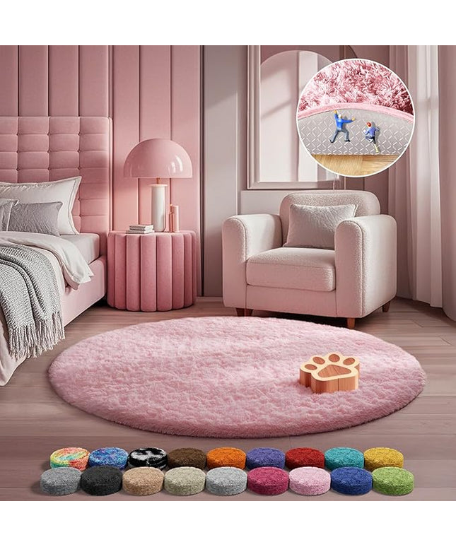Ophanie Pink Round Rug for Bedroom Girls, Kids Fluffy Kawaii Fuzzy Shag Circle Circular Area Rugs, Cute Plush Christmas Small Carpet 4Ft 4 Foot, for Teen Baby Nursery Home Living Room Decor Aesthetic