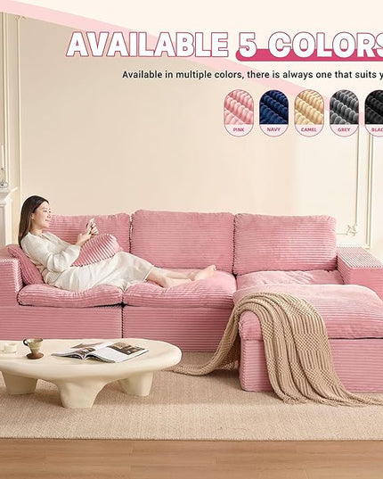 106.3” Sectional Couches for Living Room, Cloud Couch, Modular Sectional Sofa, Convertible Sofas Bed, Deep Seat Sofa, L Shaped Cozy Sofa Furniture Set, Corduroy, Pink