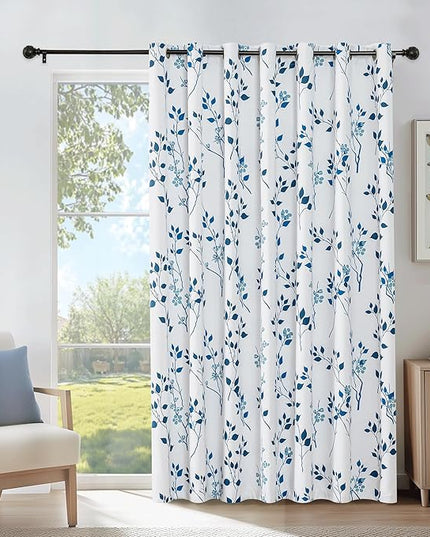 Beauoop Floral 100% Blackout Curtains 84 Inch Length 1 Panel for Patio Sliding Door Extra Wide Navy Blue Flower Patterned Divider Room Darkening Thermal Soundproof Grommet Window Drapes, 100x84, 1 set