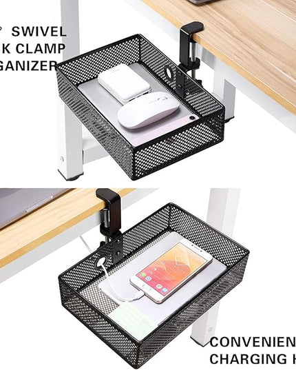 Mesh Desk Organizer and Clamp-on Swivel Pencil Drawer, Desk Hidden Extra Sturdy C-Clamp Mount System and Easy to Instal, Home Office Art Supply Storage Box (Black)