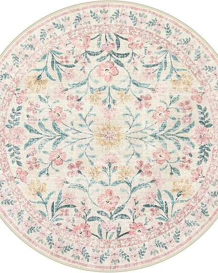 Wonnitar Washable Round Rugs 6ft, Pink Floral Circle Rug Large Round Carpet for Bedroom, Boho Soft Ultra-Thin Circular Carpets for Kids Playroom Living Room Nursery