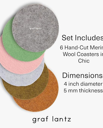 Graf Lantz - Bierfilzl Merino Wool Round Coasters Set of 6 - Chic (4" Circles) - Absorbs 30% of Weight - German Wool - Heat Resistant, Sustainable, & Reusable - Home Decor & Coffee Table Decor
