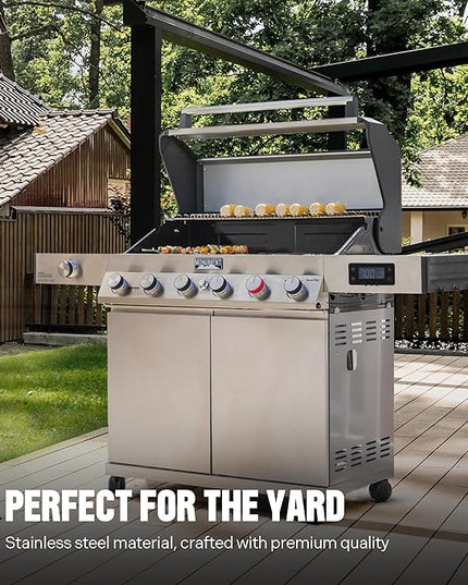 Monument Grills 6+1 Burner Smart Propane Gas Grill, Denali 605Pro Stainless Steel Grill 78,000 BTU Outdoor Barbecue Grill with Side Burner, Pizza Stone, Round Cooking Plate & Grid, Cover, Rotisserie
