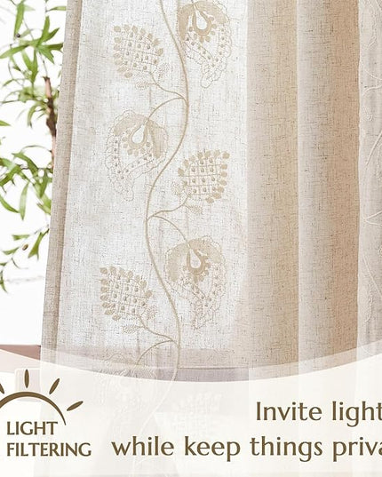 jinchan Linen Paisley Curtains 84 Inch Long for Bedroom Living Room, Embroidered French Country Farmhouse Drapes Back Tab, Light Filtering Cottagecore Boho Window Curtains, Ivory on Ecru, 2 Panels