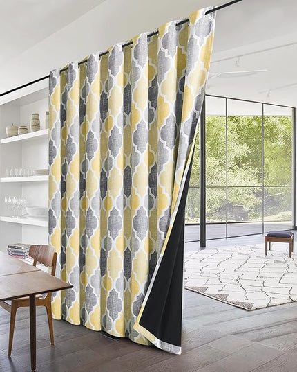 Beauoop 100% Blackout Curtains 96 Inches Long for Patio Sliding Door Yellow Grey Extra Wide Moroccan Geo Room Darkening Thermal Soundproof Room Divider Grommet Window Treatment Drapes,100x96 Set of 1