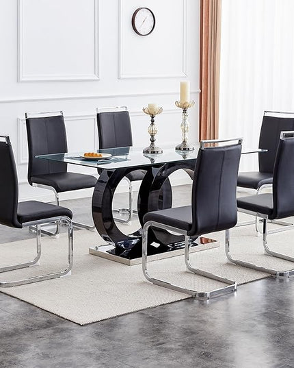 Ebullient Dining Table Set for 6 ，7 Piece Dining Table Set,Tempered Glass Table Top，Modern Dinner Room Table with 6 PU Leather Ergonomic Dining Chairs