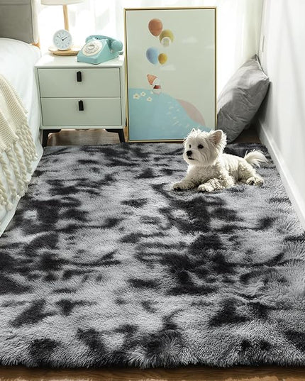 Ophanie Tie-Dyed Black&Grey Area Rugs for Bedroom Living Room, Fluffy Shag Fuzzy Carpet, Plush Shaggy Rug, 4x6 Indoor Carpet for Kids Boys Dorm Home Decor Aesthetic, Nursery
