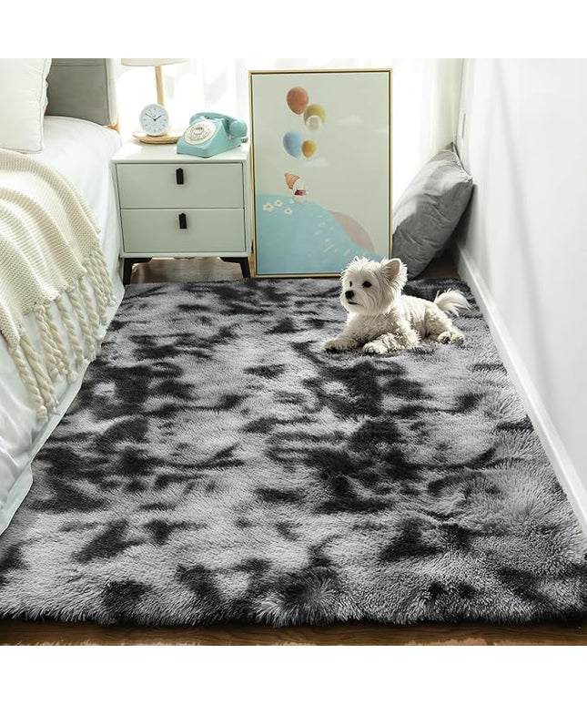 Ophanie Tie-Dyed Black&Grey Area Rugs for Bedroom Living Room, Fluffy Shag Fuzzy Carpet, Plush Shaggy Rug, 4x6 Indoor Carpet for Kids Boys Dorm Home Decor Aesthetic, Nursery