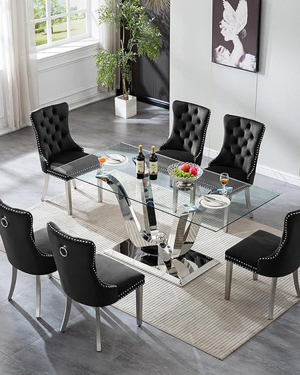 HomVent 70'' Glass Dining Table Set for 6, Modern Rectangle Kitchen Table Set with Clear Glass Top and U Shape Stainless Steel Base for 6 for Dining Room,Kitchen