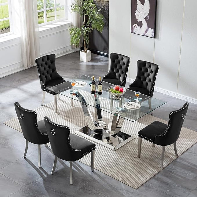 7-Piece Glass Dining Table Set w/6 Blue Upholstered Dining Chairs, 70in Rectangular Large Kitchen Table Set for 6, Glass and Silver Dining Table and Chair Set for 6