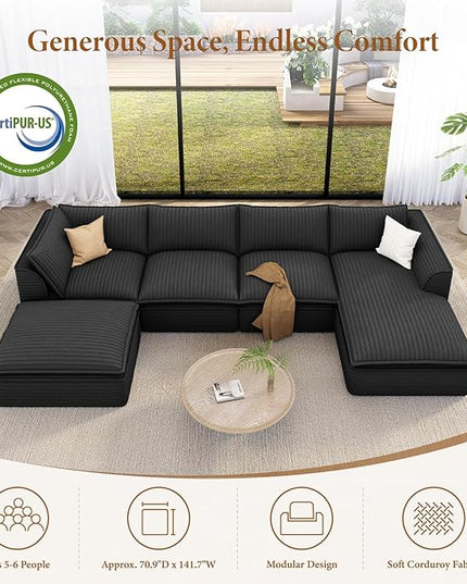 Vesgantti 141.7" U Shaped Sectional Boneless Couch, Modern 6 Seater Modular Sofa with Chaise & Ottoman, Deep Seat Plush Corduroy Cloud Couches for Living Room, No Assembly Required, Dark Gray