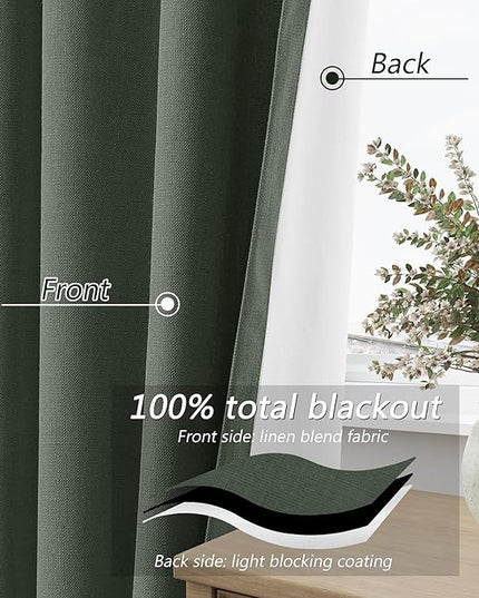 Guken Olive Green Blackout Curtains 90 Inch Length 2 Panels Set for Living Room Bedroom Back Tab Thermal Insulated 100% Black Out Linen Drapes Room Darkening Window Curtains 90 Inches Long
