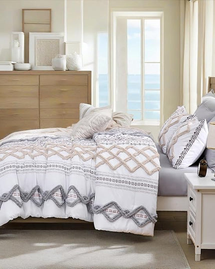 MOVE OVER Beige and Gray Tufted Comforter Set King Size 5 Pieces Farmhouse Bedding Set 100% Soft Microfiber Boho Aztec Bedroom Comforter Set Modern Style Ethnic Boho Tufted Bed Set for All Seasons