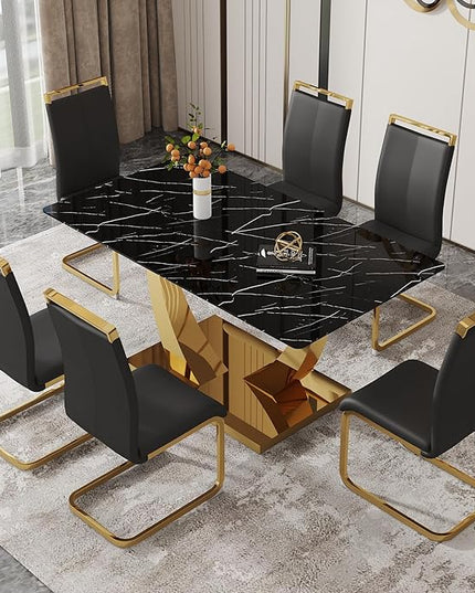 63” Faux Marble Dining Table Set for 6,Black Dining Room Table Set for 6, Rectangle Kitchen Table Set with PU Leather Chairs,Gold Dinner Table Set with Tempered Glass Top and Gold Base