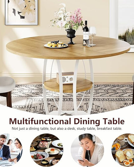 Round Dining Table for 4, 3-Tier Dinner Room Tables with Storage Shelf, Space Saving Small Kitchen Table, Farmhouse Dinner Table with Wooden Tabletop and Hexagonal Base (Wood, 47inch)