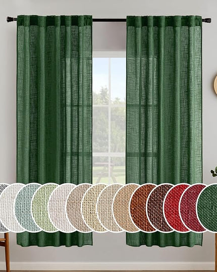 MIULEE Emerald Green Linen Curtains 72 Inch Length for Bedroom Living Room, Soft Thick Linen Textured Window Drapes Semi Sheer Light Filtering Back Tab Rod Pocket Burlap Look Christmas Decor, 2 Panels