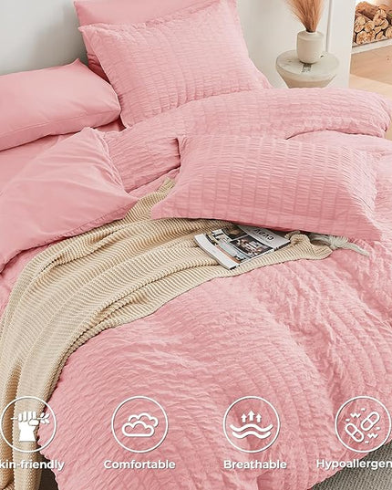 HYMOKEGE Rose Pink Queen Comforter Set Seersucker 7 Pieces, All Season Luxury Bed in a Bag Queen for Bedroom, Bedding Set with Comforter, Sheets, Pillowcases & Shams