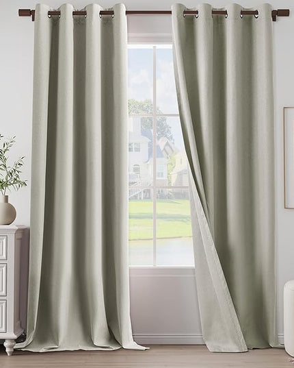 Extra Lenght 100% Blackout Linen Textured Curtains 120 Inch Length 2 Panels Set for Living Room, Bedroom, Full Blackout Curtains with Grommets Top, Natural Linen, 52" W x 120" L, 2 Panels