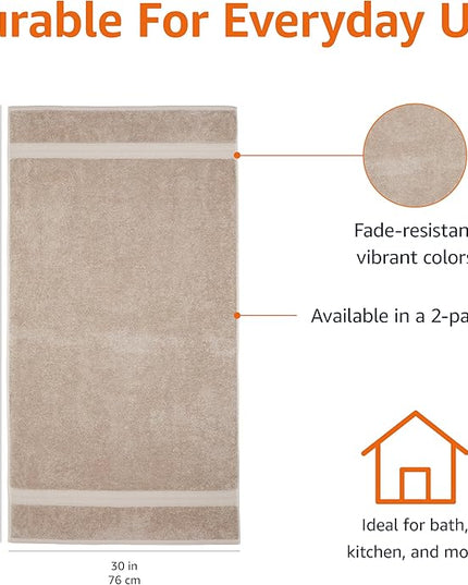 Amazon Basics Fade-Resistant 100% Cotton Bath Towel, 2 Pack, 30"x54", Taupe
