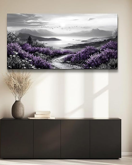 KELIYUAN Black And White Home Decoration Canvas Wall Art For Restaurant Natural Landscape Painting Printing Landscape Purple Grass Picture Suitable For Living Room Bedroom Office Wall Decor 20x40In