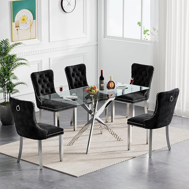 60.63in Rectangular Glass Dining Table Set for 6, Glass Kitchen Table and Chair Set for 6, Modern 7 Piece Dining Room Set with 6 Fabric Upholstered Chairs, Silver Metal Legs Home Kitchen Furniture