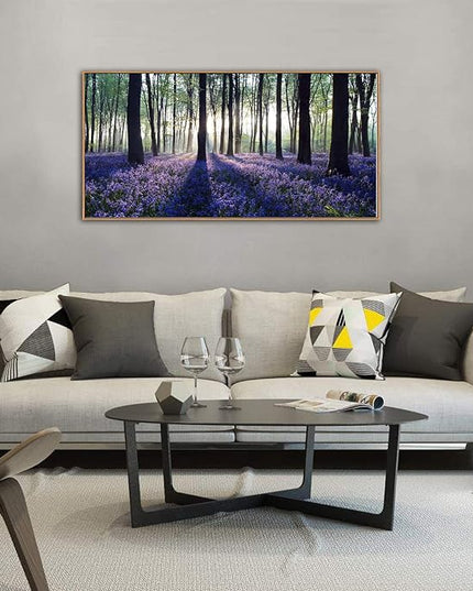 yearainn Framed Lavender Forest Wall Art – Purple Lavender Field with Sunlight through Trees Canvas Picture, Nature Landscape Painting Artwork for Home Wall Decor, Natural Wood Frame, 24" x 48"