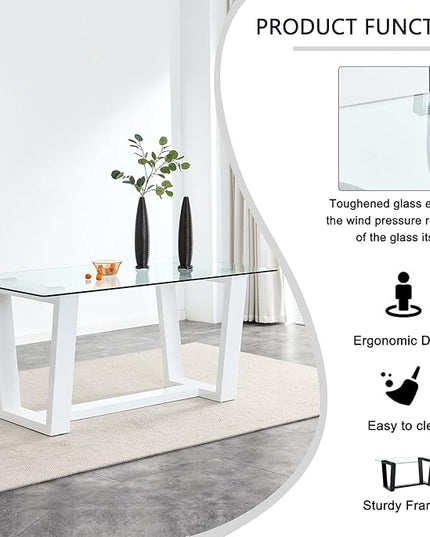 Ebullient Glass Dining Table Set for 4, Modern Dining Table Set for 4, Tempered Glass Tabletop with White MDF Trapezoid Legs, Rectangle Kitchen Table with 4 Faux Leather Chairs for Home, Apartment