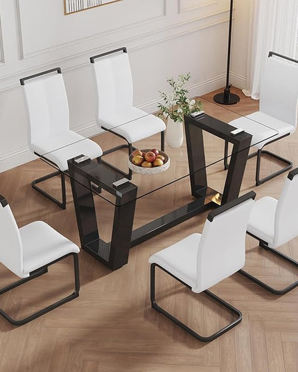 Ebullient Glass Dining Table Set for 6, Modern Dining Table Set for 6, Tempered Glass Tabletop with White MDF Trapezoid Legs, Rectangle Kitchen Table with 6 Faux Leather Chairs for Home, Apartment