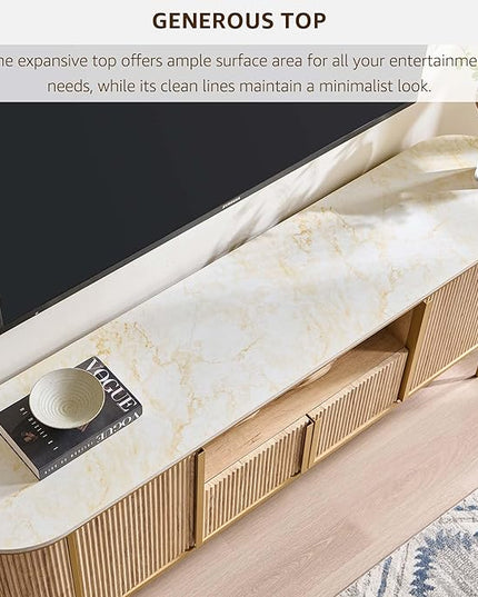 OKD Luxury 70" Fluted TV Stand, Modern Chic Entertainment Center for TVs Up to 80 inches, TV Console with Faux Marble Top, Curved Profile Design, Media Console for Living Room, Natural Oak