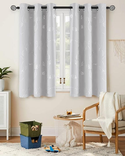 BUHUA Short Blackout Curtains for Kitchen, Half Window Treatment for Bedroom Energy Saving Privacy Shade for RV Camper Bathroom Basement, W38 x L30 inches, Greyish White, 2 Panel Set