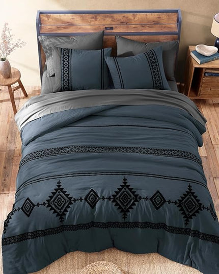 MaiRêve Embroidery King Size Comforter Set Blue Grey, Boho Farmhouse Western Bedding Set 7 Pieces, All Season Bed in A Bag Comforter Set with Sheets, Pillowcases & Shams