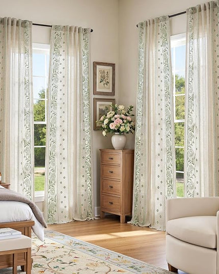 jinchan Winslow 4 Panel Curtains Set 96 Inch Length Embroidered Bordered Floral Curtains for Living Room Farmhouse Decor Light Filtering Window Treatments Sage on Beige Drapes 4 Panels