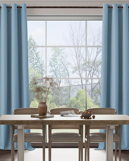 100% Blackout Linen Textured Curtains for Children's Room, Bedroom, Light Weight Curtains with Grommets Top, Full Blackout Curtains Privacy Protection, Light Blue, 52" W x 63" L, 2 Panels