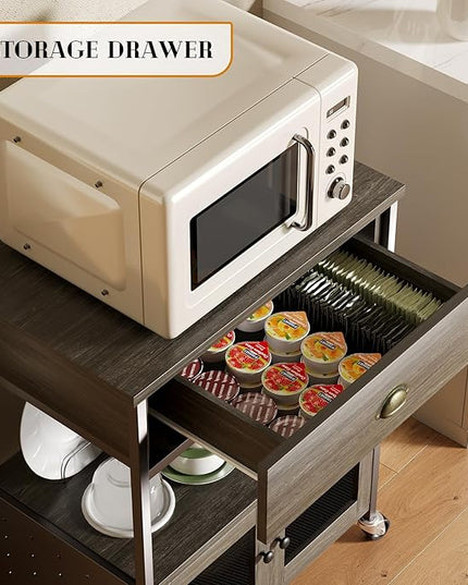 Catrimown Coffee Cart Station, Coffee Stand Station, Small Microwave Stand with Drawer, Movable Farmhouse Coffee Station Table on Wheels for Living Room, Entryway, Dining Room, Kitchen, Wash Grey