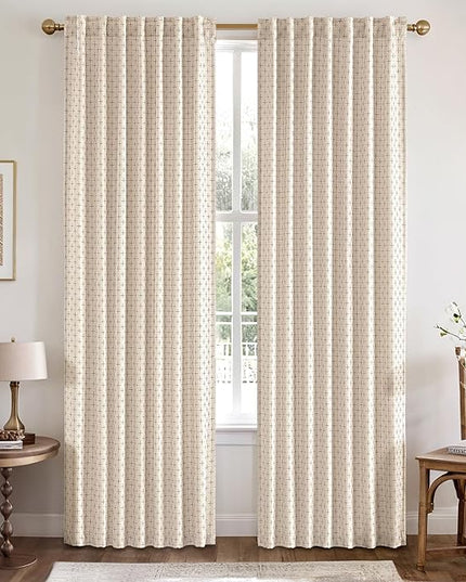 MIULEE Decorative Back Tab Linen Curtains with Geometric Pattern for Living Room Bedroom Farmhouse Rustic Thick Woven Textured Patterned Mudcloth Drapes 84 Inches Long 2 Panels Set, Beige