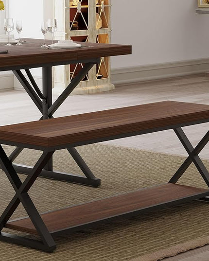 IBF Wood Entryway Bench Indoor, Industrial Wooden Metal Entry Shoe Storage Bench in Bedroom, Farmhouse Hallway Shoe Rack Bench Seating for Foyer Living Dining Room End of Bed, Walnut, 47 Inch
