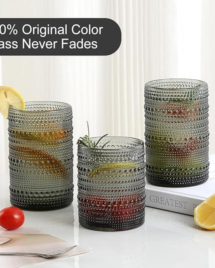 Vintage Glassware Drinking Glasses Set of 12,Grey 12oz & 15oz Hobnail Glass Cups,Embossed Water Tumbler,for Beer,Cocktail,Whiskey,Juice and Various Mixed Drinks- 1 Cleaning Brush