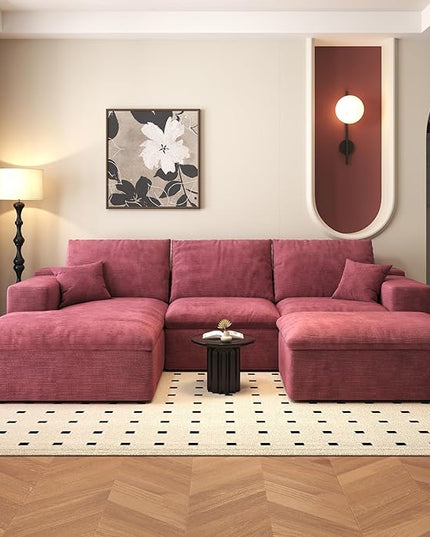 107'' U-Shaped Modern Modular Sectional Cloud Couch Whit Ottoman, 4-Seat Chenille Deep-Seat Sofa with Pillow for Living Room, Bedroom, Apartment, Wine Red