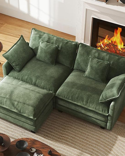 WorthFurni 77 Inch L Shape Cloud Sofa, Modular Sectional Couch with Ottoman, Comfy Chenille Deep Seat Loveseat with Pillow for Living Room Bedroom Apartment (Green)