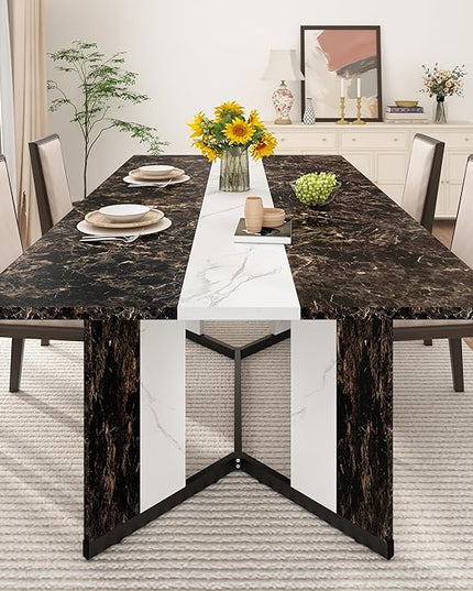 71 inch Dining Table for 4 5 6 | Modern Black Rectangular Kitchen Table W/Waterproof Wood Tabletop,Farmhouse Long Dining Room Tables W/Adjustable Legs&Wood Strip Base for Kitchen Living Room