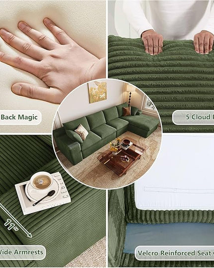 107" Cloud Couch Modular Sectional Sofa for Living Room, L-Shape Boneless Couch with Deep Seat, Modern Corduroy 3-Seater, No Assembly Required (Green,Right-Facing Chaise)