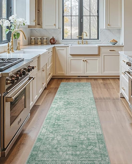 jinchan Runner Rug 2x5 Green Kitchen Rug Hallway Runner - Machine Washable Vintage Floral Non-Slip Low Pile Soft Ultra-Thin Distressed Carpet for Entryway Farmhouse Bedroom Laundry Room (2’x5’, Green)