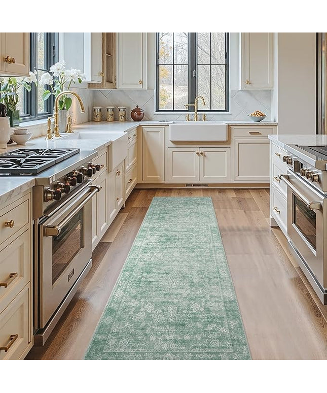 jinchan Runner Rug 2x5 Green Kitchen Rug Hallway Runner - Machine Washable Vintage Floral Non-Slip Low Pile Soft Ultra-Thin Distressed Carpet for Entryway Farmhouse Bedroom Laundry Room (2’x5’, Green)