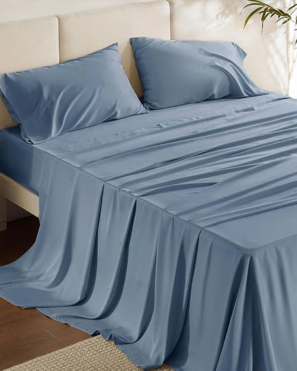 Bedsure Queen Sheet Set, Cooling Sheets for Queen Size Bed Set, Rayon Derived from Bamboo, Breathable & Soft, Deep Pocket, Hotel Luxury Silky Bedding for Hot Sleepers, Dusty Blue