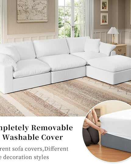 Modular Sectional Sofa Cloud Couch,Down Filled Comfy Cloud Modern Sofa,White Linen L Shape Oversized Couch Cushion Covers Removable Furniture for Living Room