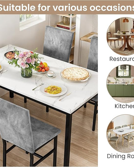 Hooseng Dining Room Table Set 5 Piece Dining Table Set Marble Dining Table 4 Chair Dining Table Set for Kitchen Living Room Breakfast Small Spaces (White & Grey)