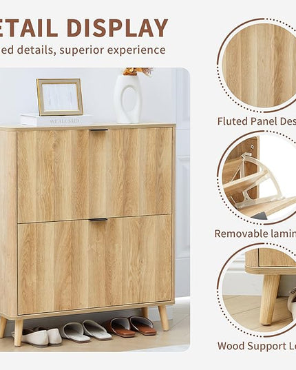 31.5” Fluted Shoe Cabinet Storage with 2 Flip Drawers,Narrow Freestanding Shoe Storage Organizer,Slim Shoe Rack Cabinet for Entryway,Hallway (Natural)