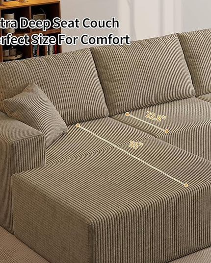 139" Boneless Cloud Sectional Couch for Living Room, Compressed Modular L-Shaped Sofa with Deep Seat, Frameless Corduroy Couch in Boxes, No Assembly Required 4-Seater (Right-Facing Chaise, Grey)