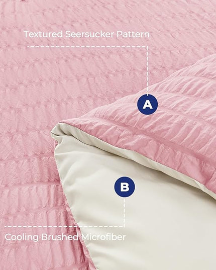 HYMOKEGE Pink/Ivory Queen Comforter Set Seersucker 7 Pieces, All Season Luxury Bed in a Bag Queen for Bedroom, Bedding Set with Comforter, Sheets, Pillowcases & Shams