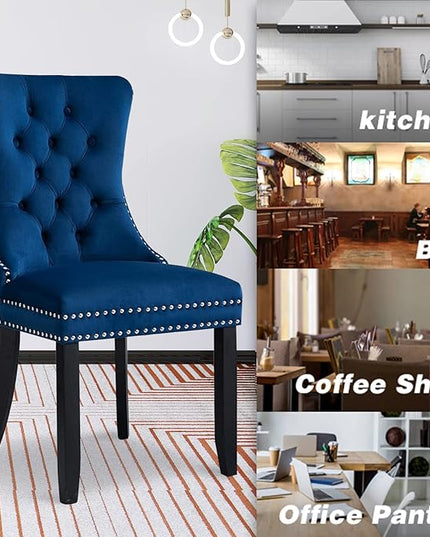 SoarFlash Velvet Dining Chairs Set of 6, Tall Back Side Chair, Modern Upholstered High-end Tufted Side Chair with Button Back Ring, Solid Wood Legs (Blue)